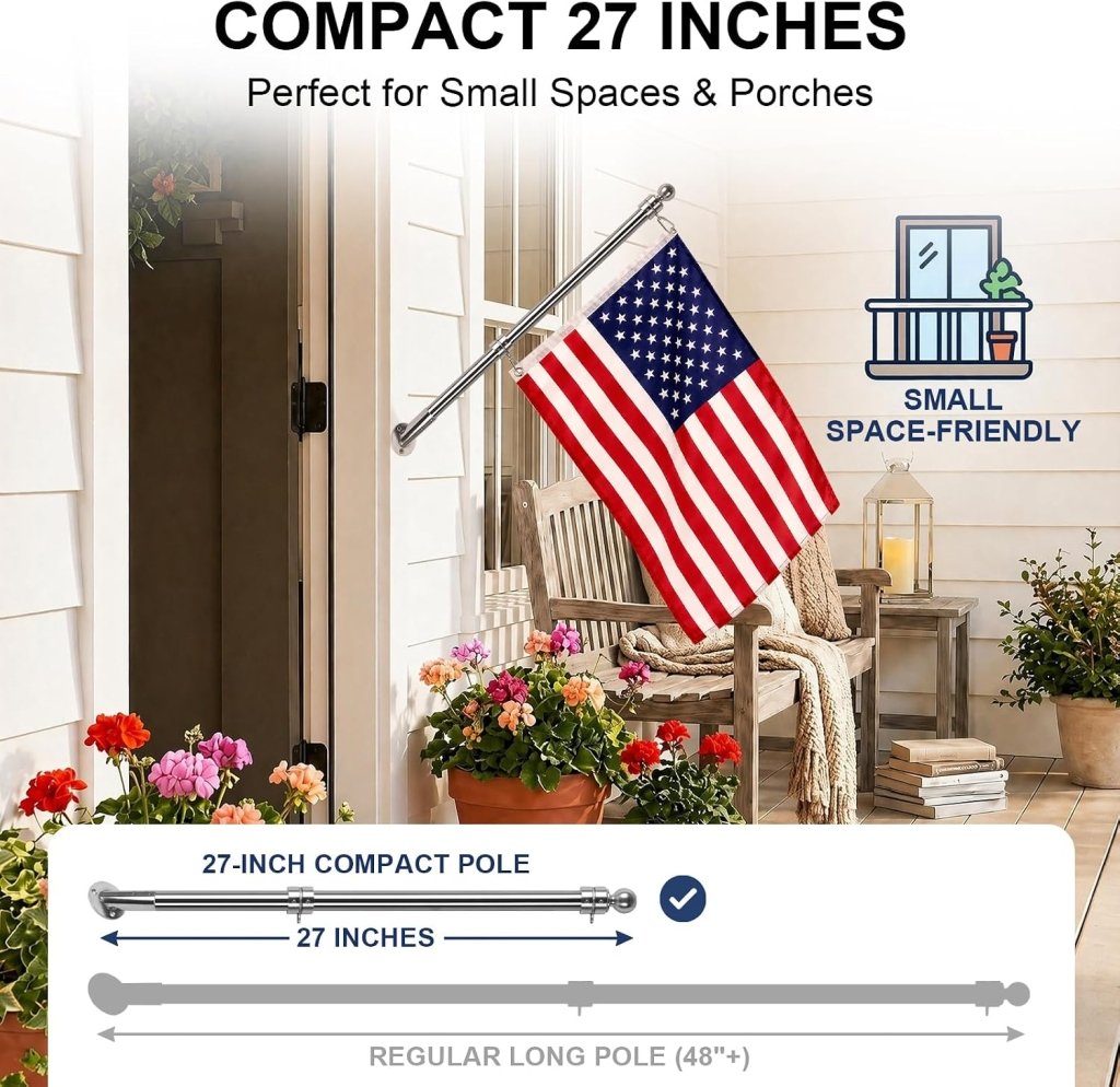 27" Flag Pole Kit for House & Storefront, Stainless Steel Tangle Free Flag Pole with Wall Mount Bracket