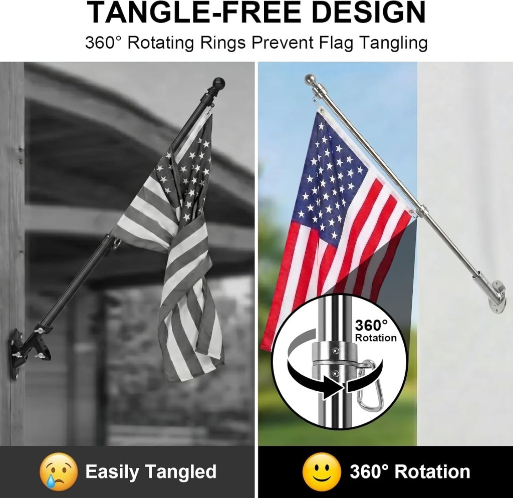27" Flag Pole Kit for House & Storefront, Stainless Steel Tangle Free Flag Pole with Wall Mount Bracket