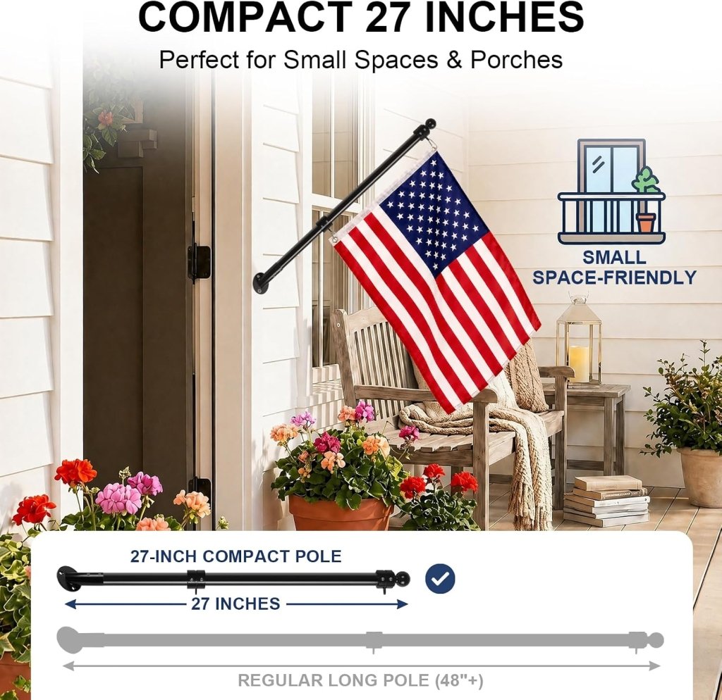 27" Flag Pole Kit for House & Storefront, Stainless Steel Tangle Free Flag Pole with Wall Mount Bracket
