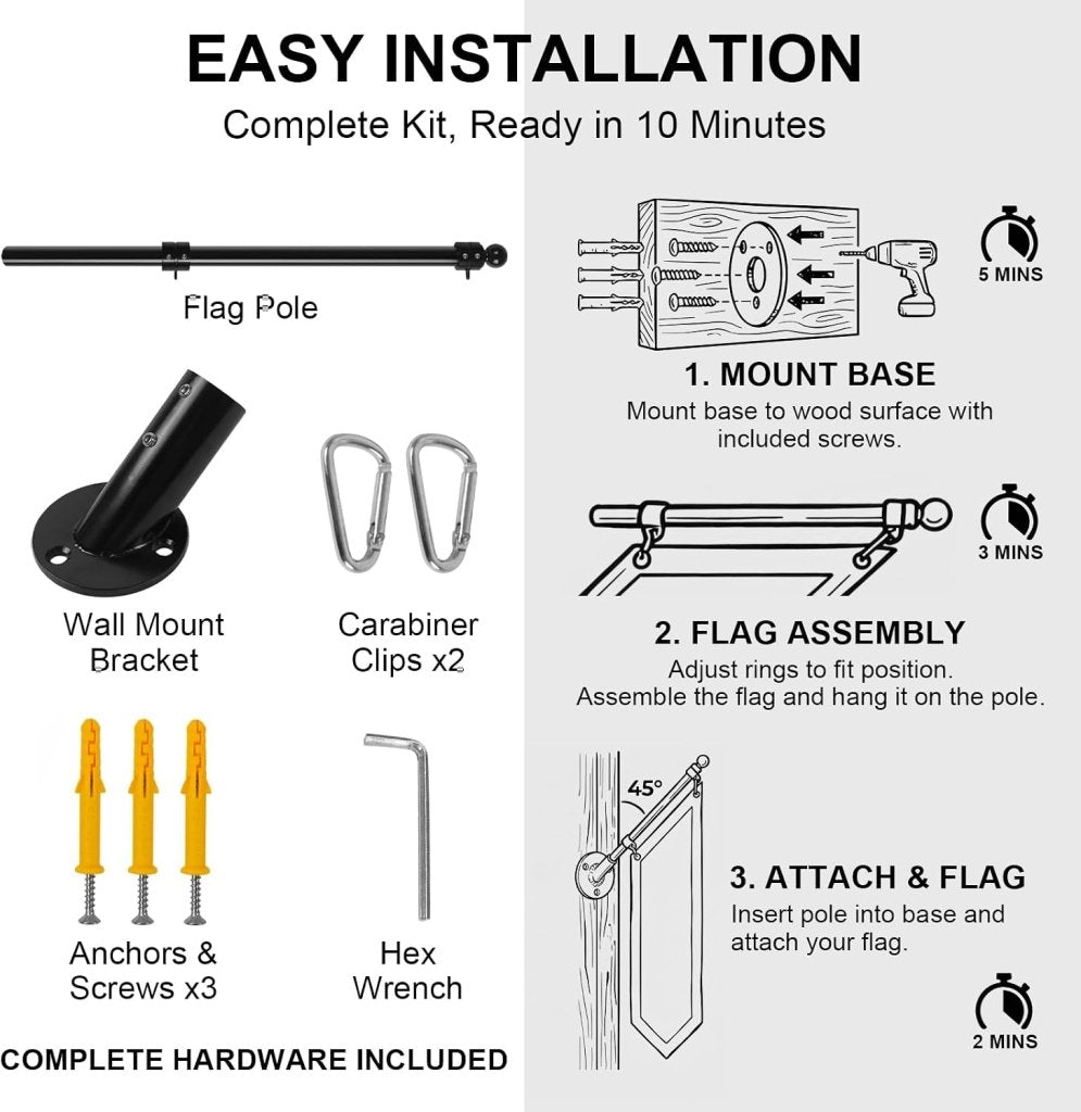 27" Flag Pole Kit for House & Storefront, Stainless Steel Tangle Free Flag Pole with Wall Mount Bracket