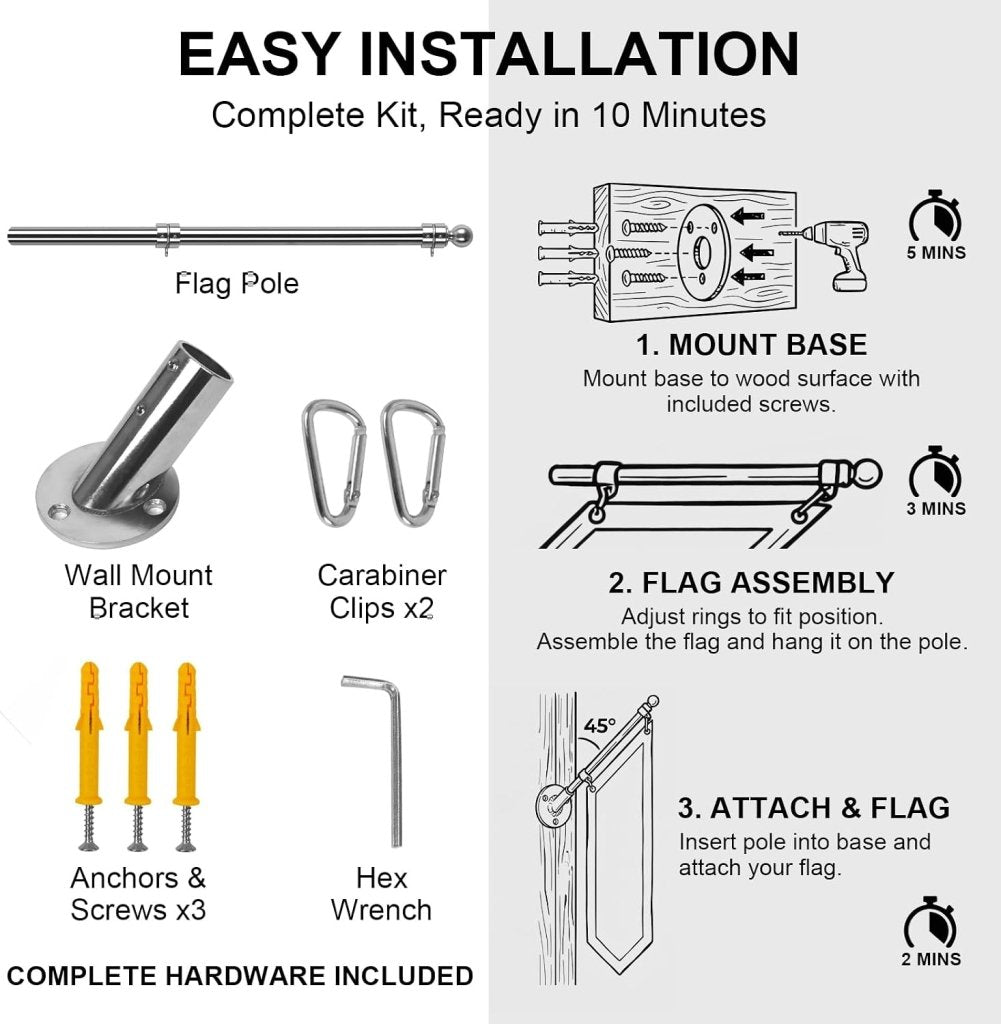 27" Flag Pole Kit for House & Storefront, Stainless Steel Tangle Free Flag Pole with Wall Mount Bracket