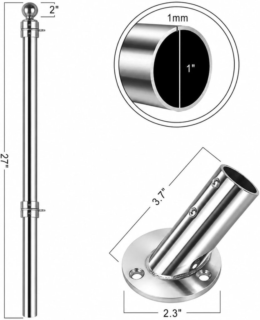 27" Flag Pole Kit for House & Storefront, Stainless Steel Tangle Free Flag Pole with Wall Mount Bracket