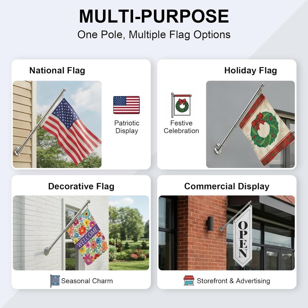 27" Flag Pole Kit for House & Storefront, Stainless Steel Tangle Free Flag Pole with Wall Mount Bracket