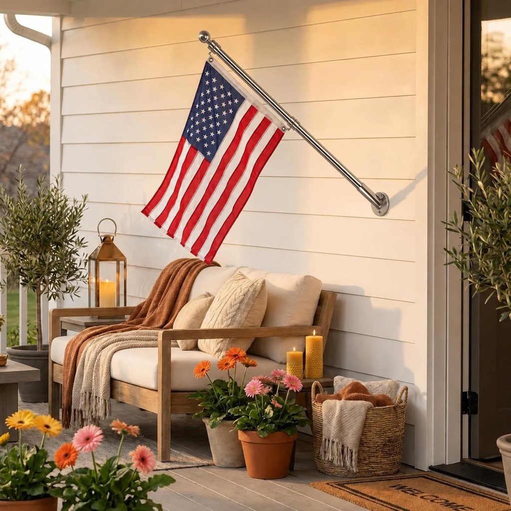 27" Flag Pole Kit for House & Storefront, Stainless Steel Tangle Free Flag Pole with Wall Mount Bracket