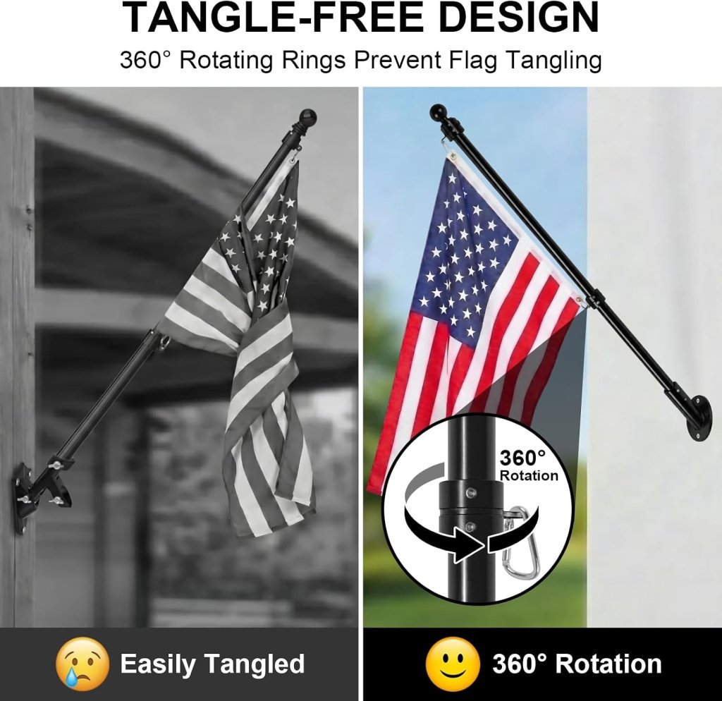 27" Flag Pole Kit for House & Storefront, Stainless Steel Tangle Free Flag Pole with Wall Mount Bracket