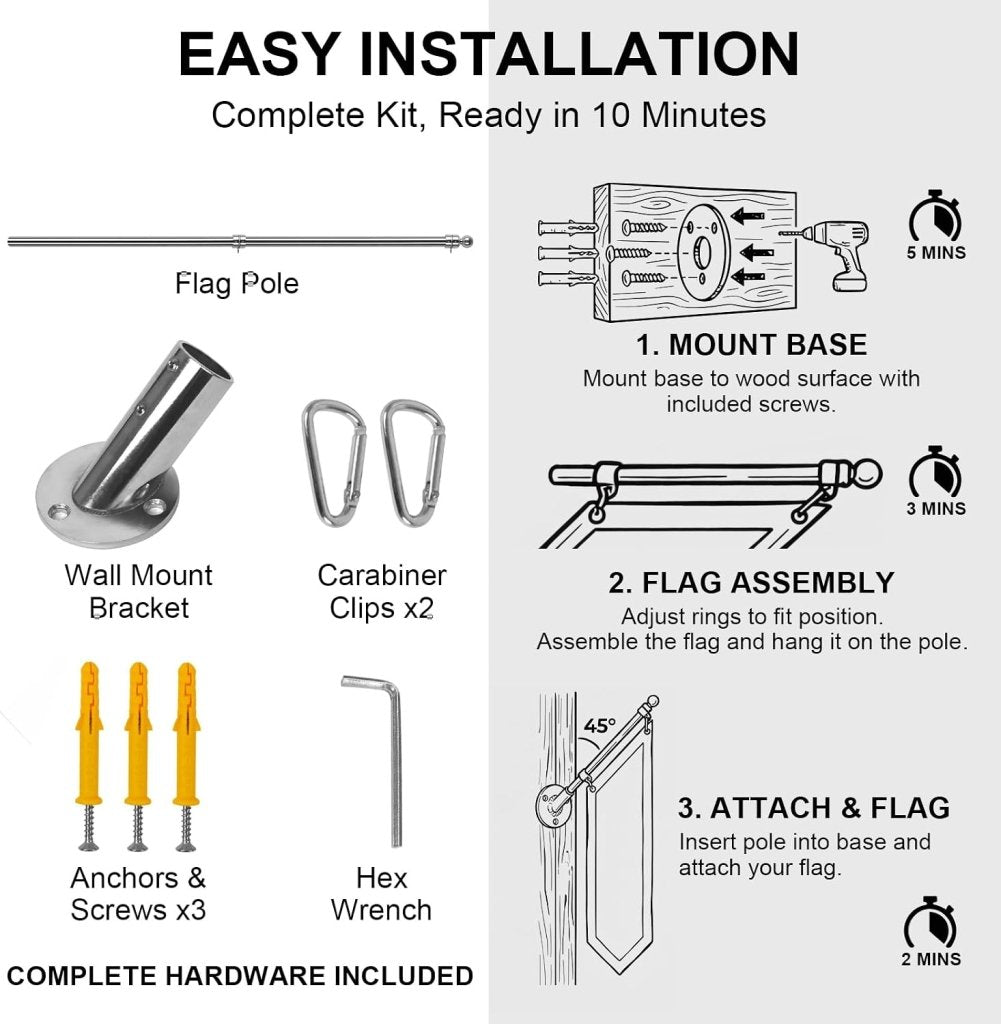 47" Flag Pole Kit for Storefront, Stainless Steel Tangle Free Flag Pole with Wall Mount Bracket