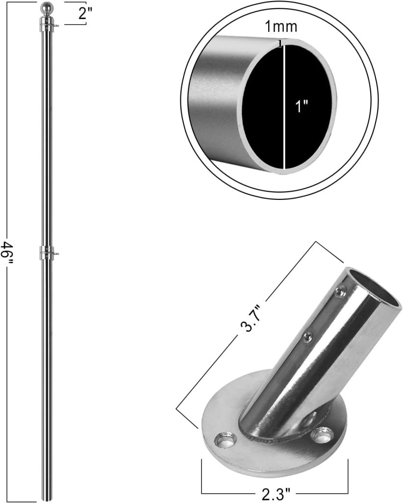 47" Flag Pole Kit for Storefront, Stainless Steel Tangle Free Flag Pole with Wall Mount Bracket