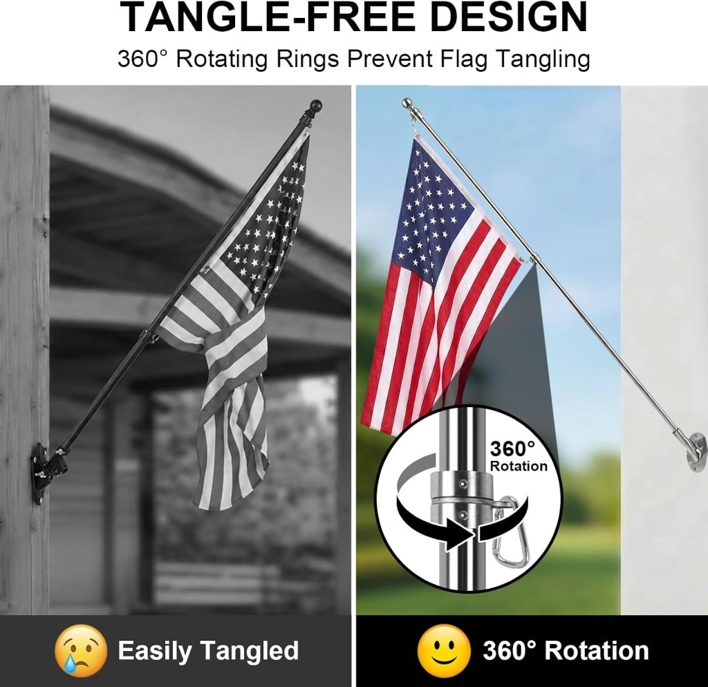 47" Flag Pole Kit for Storefront, Stainless Steel Tangle Free Flag Pole with Wall Mount Bracket