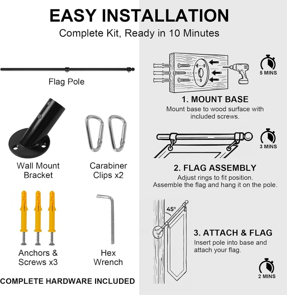 47" Flag Pole Kit for Storefront, Stainless Steel Tangle Free Flag Pole with Wall Mount Bracket