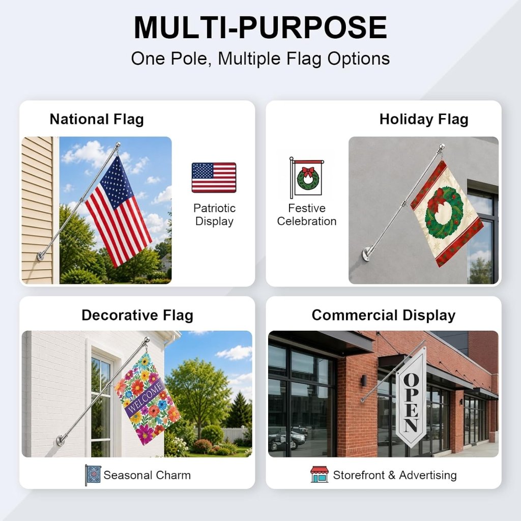 47" Flag Pole Kit for Storefront, Stainless Steel Tangle Free Flag Pole with Wall Mount Bracket