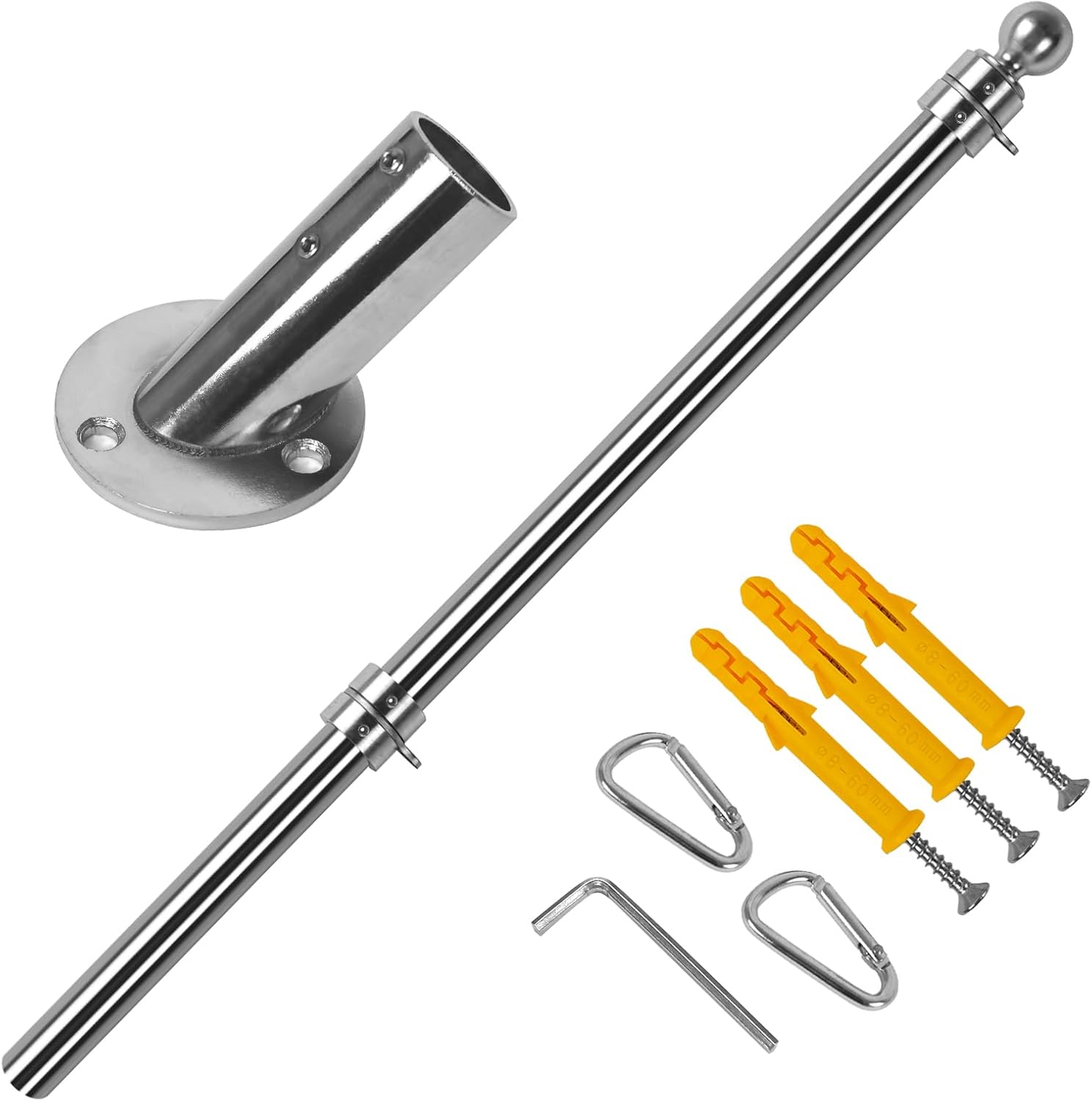 27" Flag Pole Kit for House & Storefront, Stainless Steel Tangle Free Flag Pole with Wall Mount Bracket