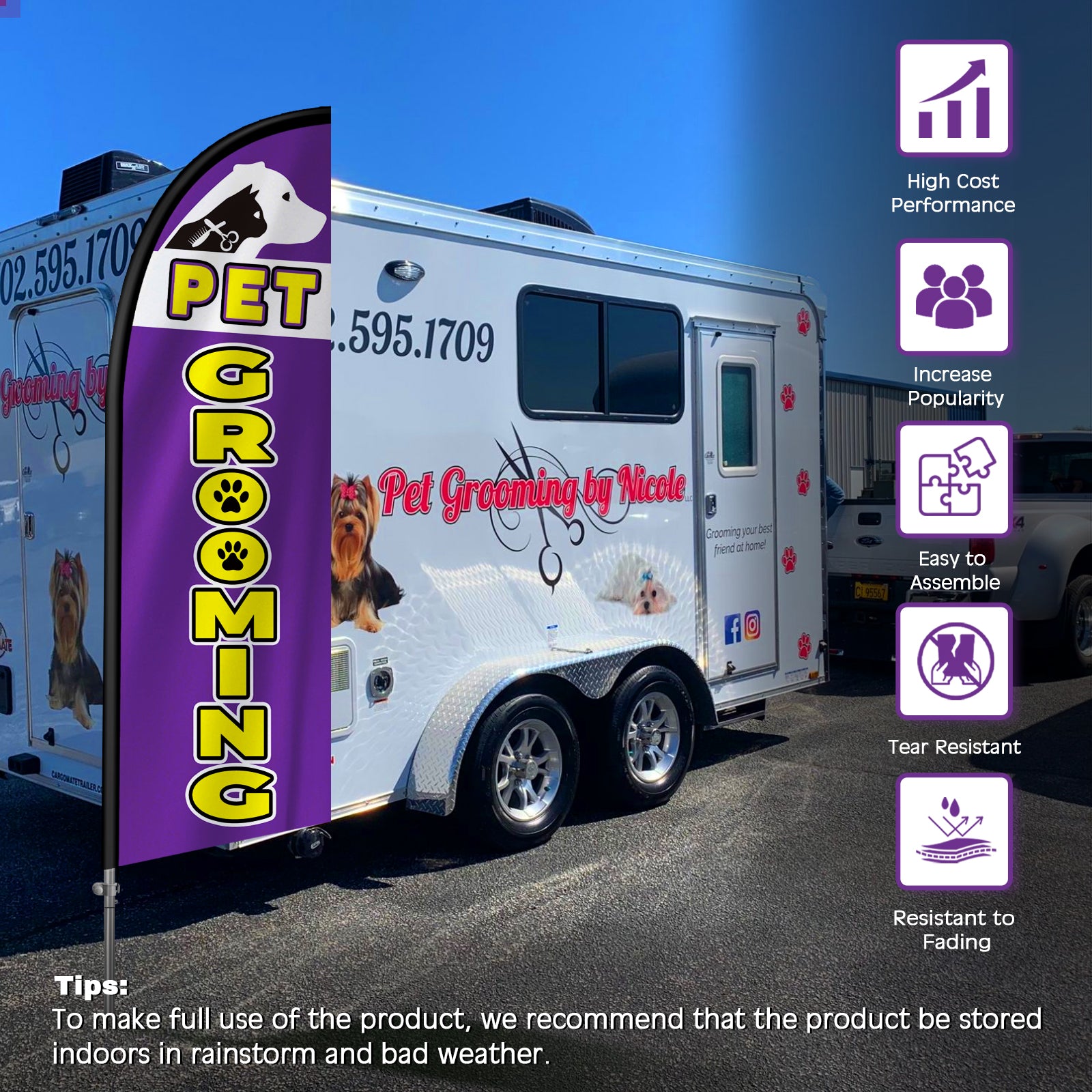 Pet Grooming Signs-8FT Pet Grooming Banner Feather Flag with Stainless Steel Pole Kit(2m flag set)