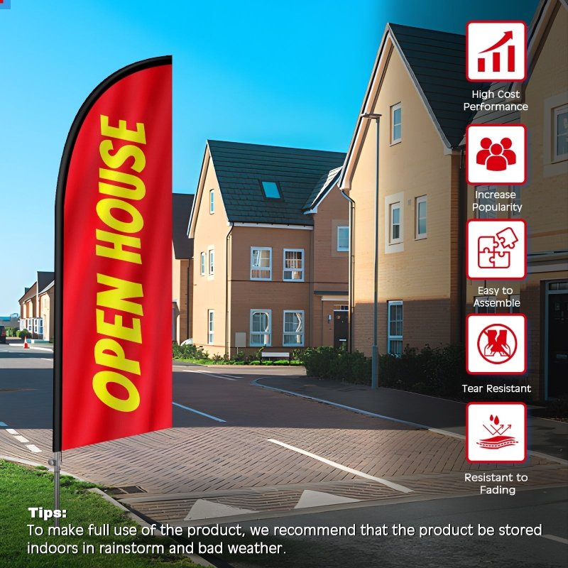 8 FT Open House Red & Yellow Banner Feather Flag with Stainless Steel Pole Kit/Ground Stake(2m flag set)