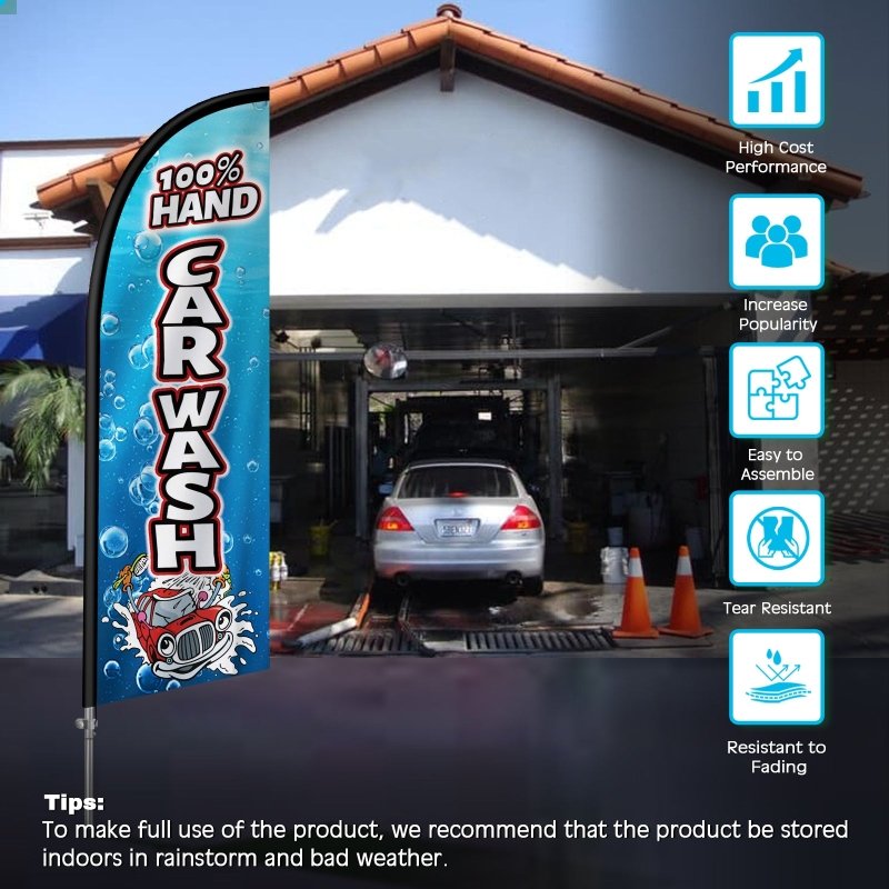 8FT 100%% Hand Car wash Banner Feather Flag with Stainless Steel Pole Kit（2m flag set）