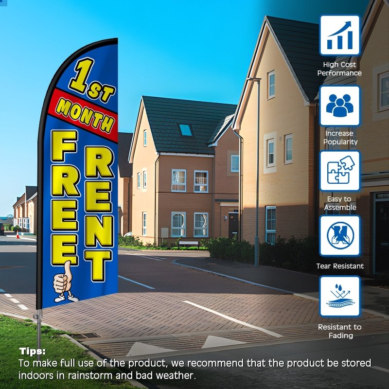 8FT 1St Month Free Rent Banner Feather Flag with Stainless Steel Pole Kit（2m flag set）