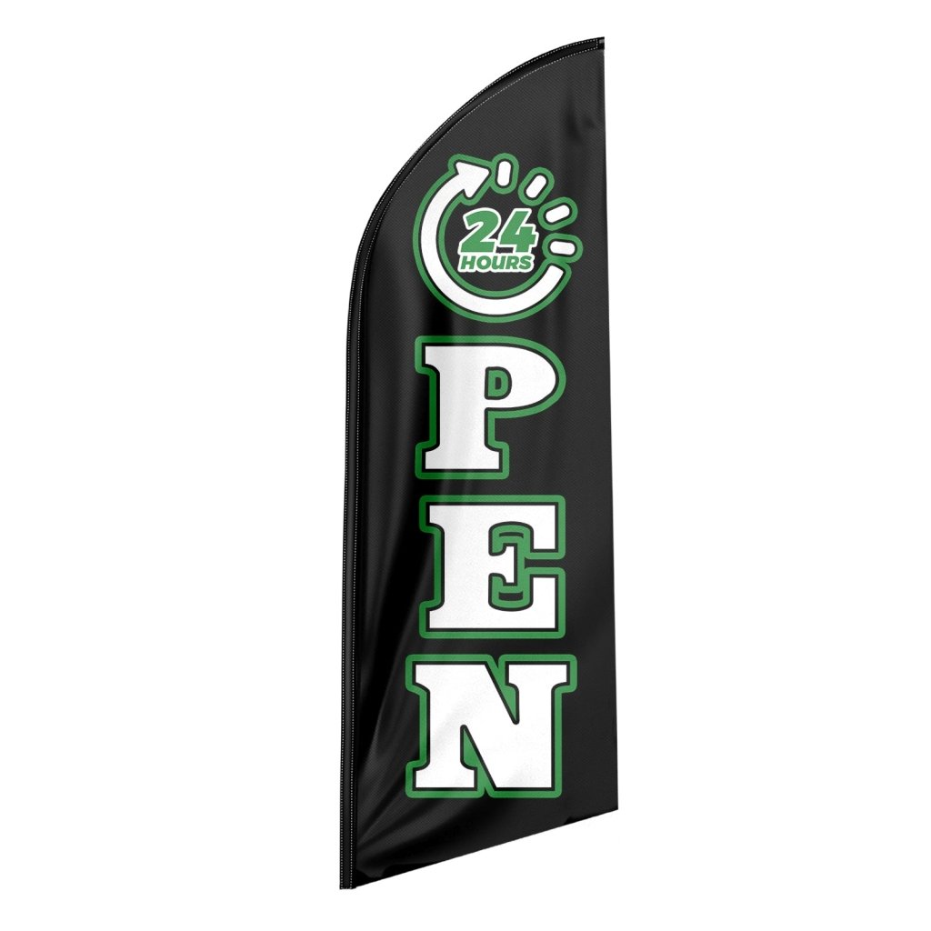 8FT 24 Hours Open Black Advertising Swooper Flag(Flagpole Not Included 3.4)