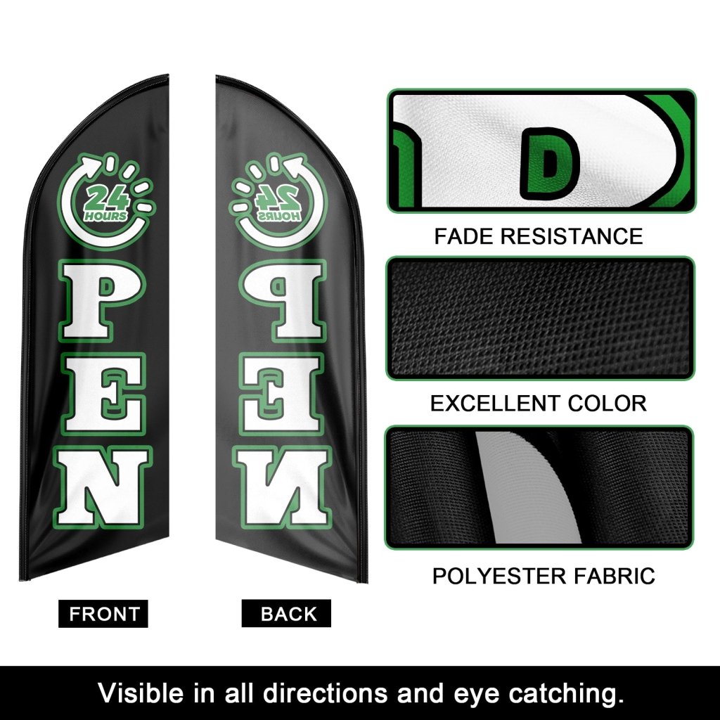 8FT 24 Hours Open Black Advertising Swooper Flag(Flagpole Not Included 3.4)