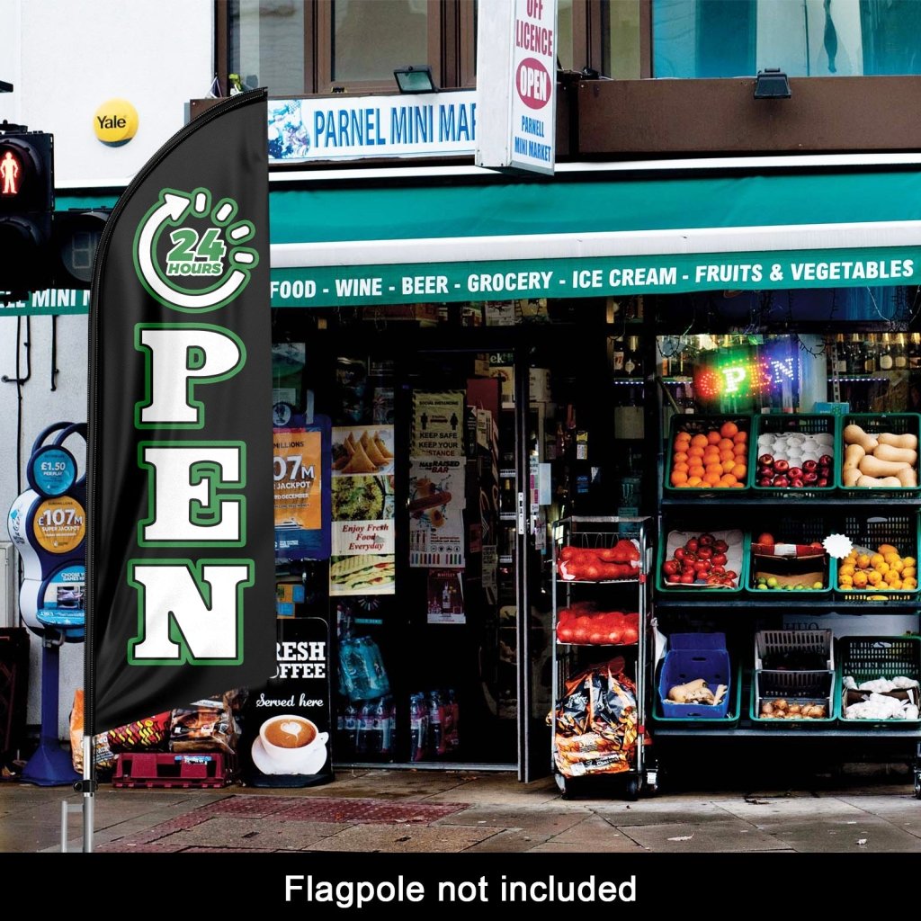 8FT 24 Hours Open Black Advertising Swooper Flag(Flagpole Not Included 3.4)