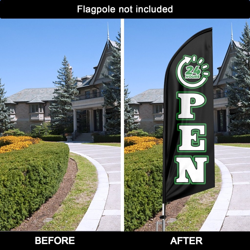 8FT 24 Hours Open Black Advertising Swooper Flag(Flagpole Not Included 3.4)