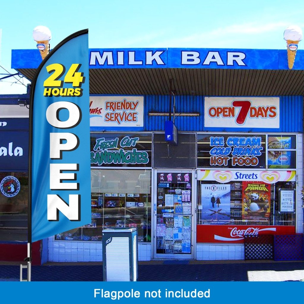 8FT 24 Hours Open Blue Advertising Swooper Flag(Flagpole Not Included 3.4)