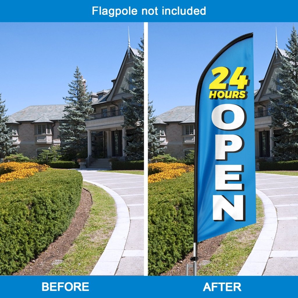 8FT 24 Hours Open Blue Advertising Swooper Flag(Flagpole Not Included 3.4)