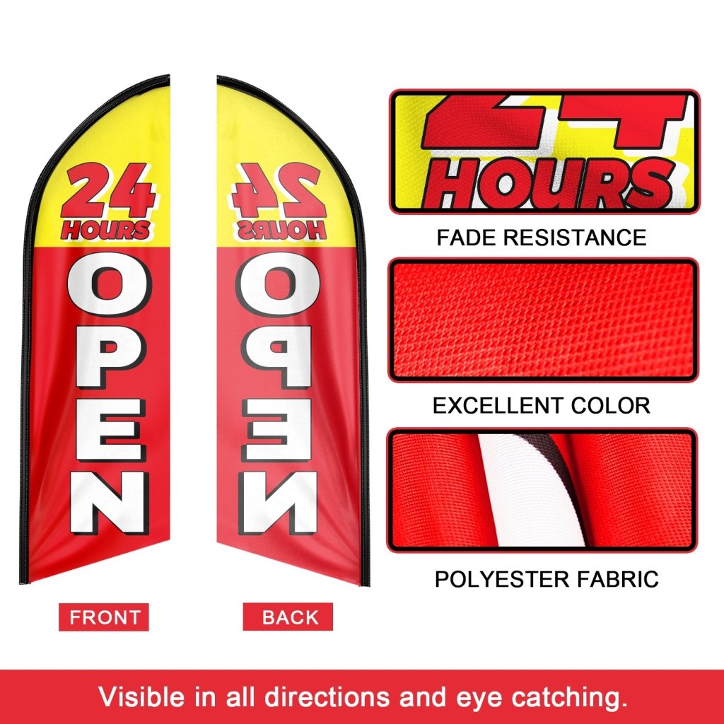 8FT 24 Hours Open Red Advertising Swooper Flag(Flagpole Not Included 3.4)