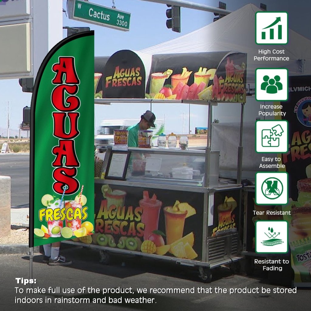 8FT Aguas Frescas Sign Feather Flag with Stainless Steel Pole Kit(2m flag set)