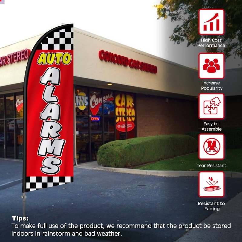 8FT Auto Alarms Banner Feather Flag with Stainless Steel Pole Kit(2m flag set)