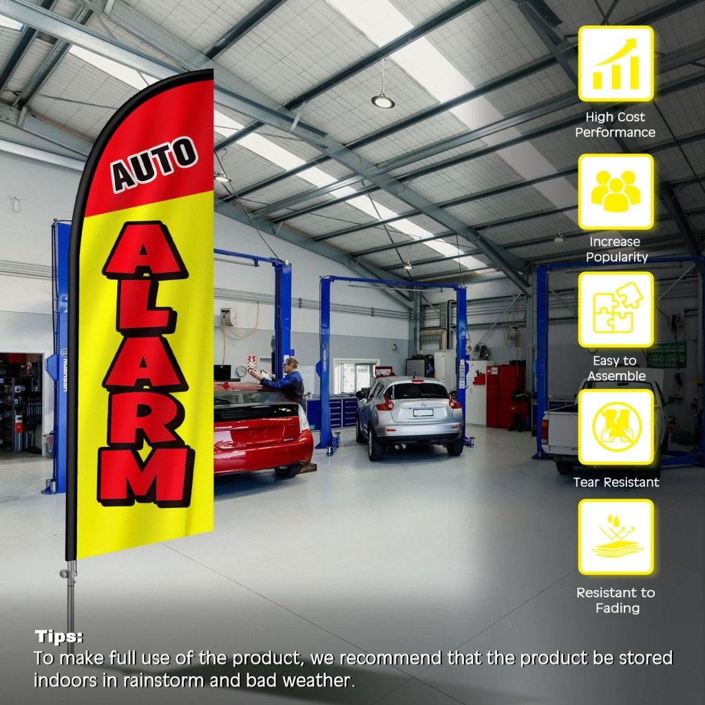 8FT Auto Alarms Yellow Feather Flag with Stainless Steel Pole Kit(2m flag set)