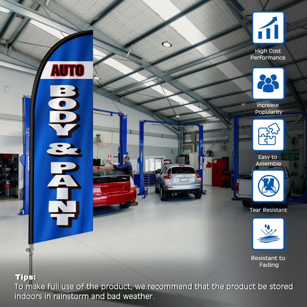 8FT Auto Body and Paint Feather Flag with Stainless Steel Pole Kit(2m flag set)