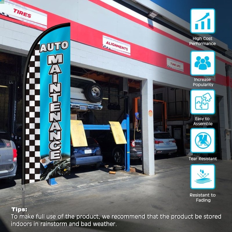 8FT Auto Maintenance Banner Feather Flag with Stainless Steel Pole Kit(2m flag set)