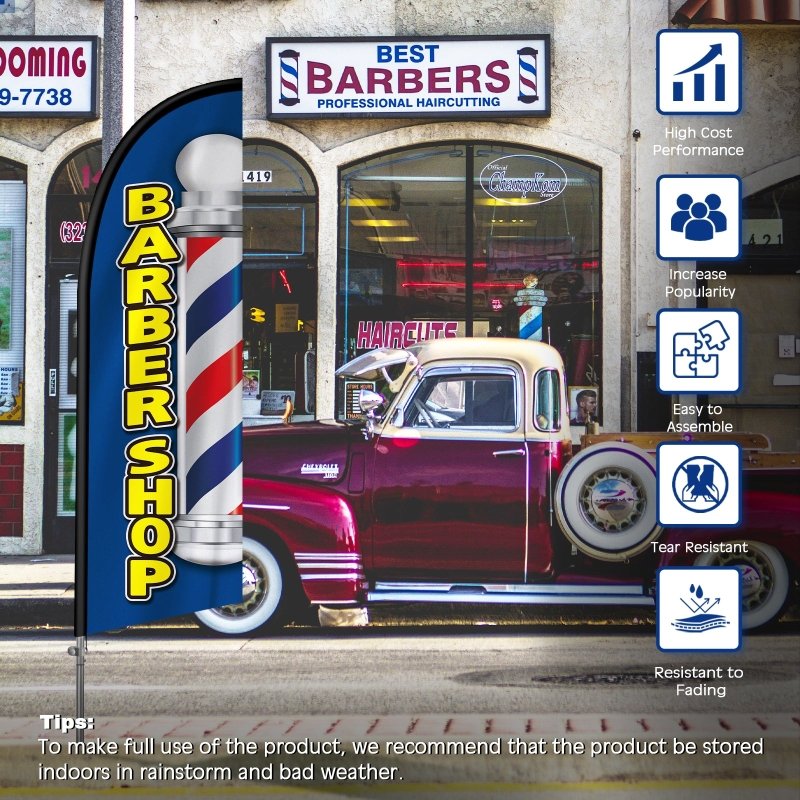 8FT Barber Shop Blue Banner Feather Flag with Stainless Steel Pole Kit(2m flag set)