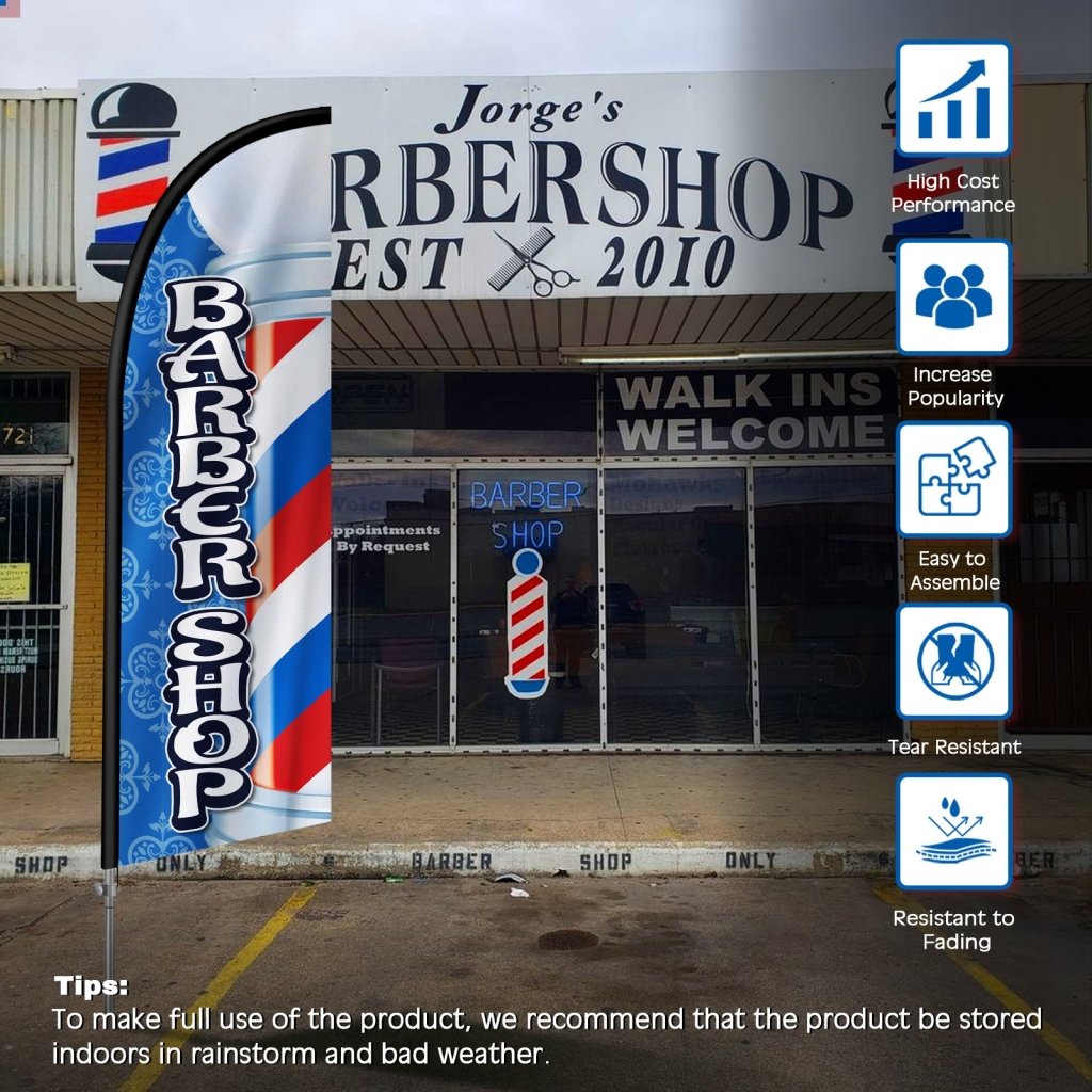 8FT Barber Shop Blue&White Feather Flag with Stainless Steel Pole Kit(2m flag set)