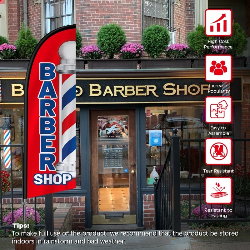 8FT Barber Shop Red Banner Feather Flag with Stainless Steel Pole Kit(2m flag set)