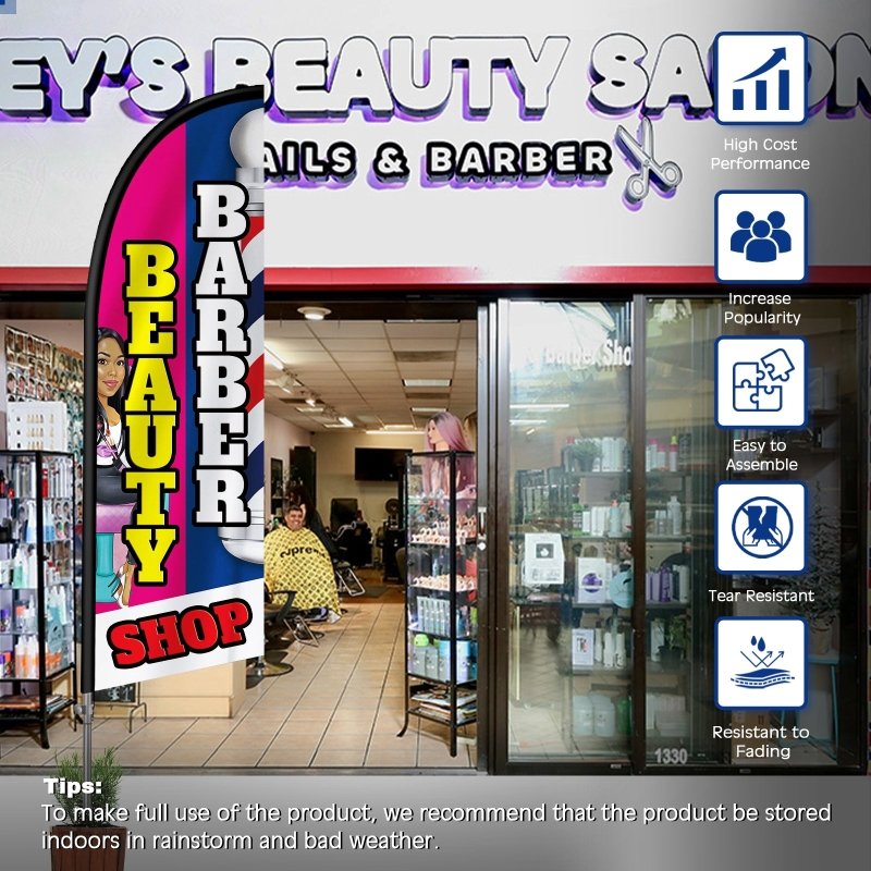 8FT Beauty Barber Shop Feather Flag with Stainless Steel Pole Kit(2m flag set)