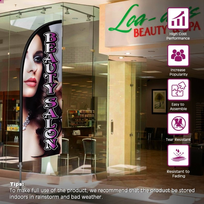 8FT Beauty Salon Banner Feather Flag with Stainless Steel Pole Kit(2m flag set)