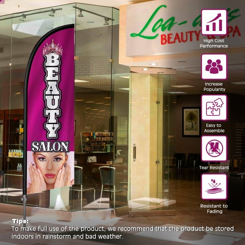 8FT Beauty Salon Pink Feather Flag with Stainless Steel Pole Kit(2m flag set)