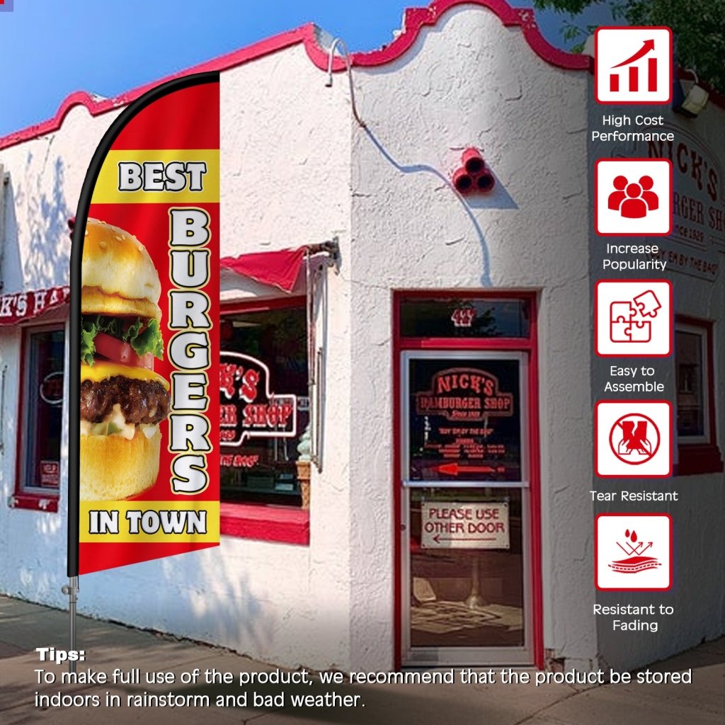 8FT Best Burgers In Town Feather Flag with Stainless Steel Pole Kit(2m flag set)