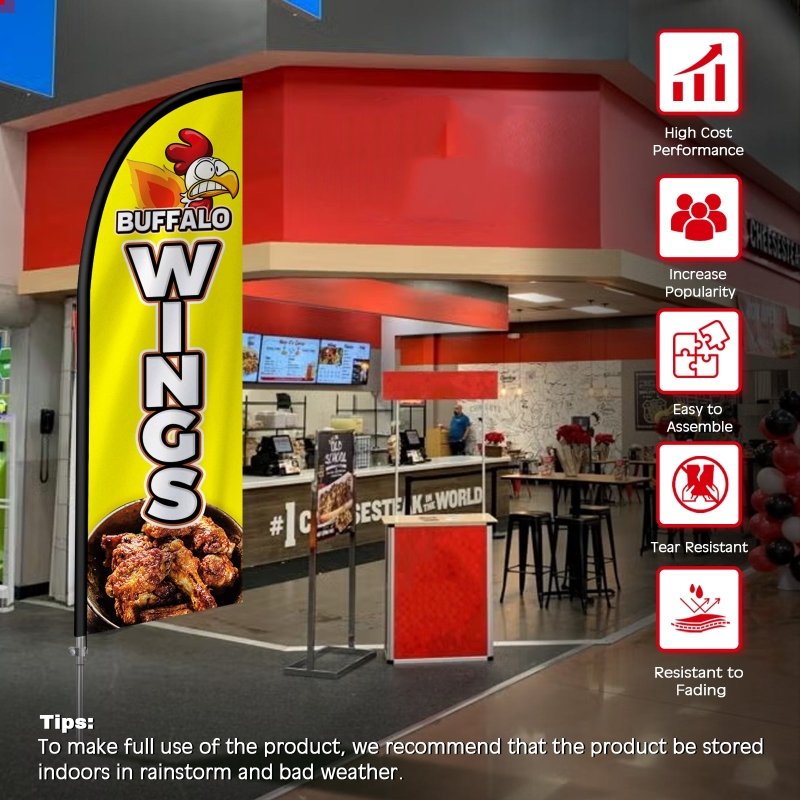 8FT Buffalo Wings SIGN - Feather Flag with Stainless Steel Pole Kit/Ground Stake(2m flag set）