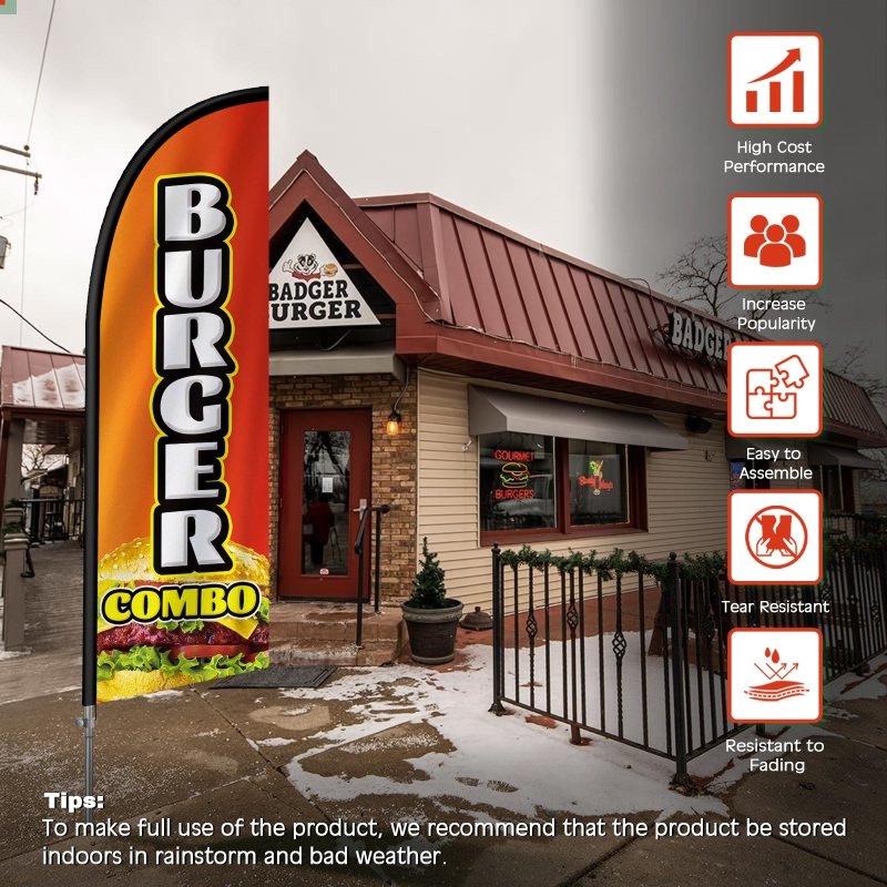 8FT Burger Combo Sign - Feather Flag with Stainless Steel Pole Kit/Ground Stake(2m flag set）