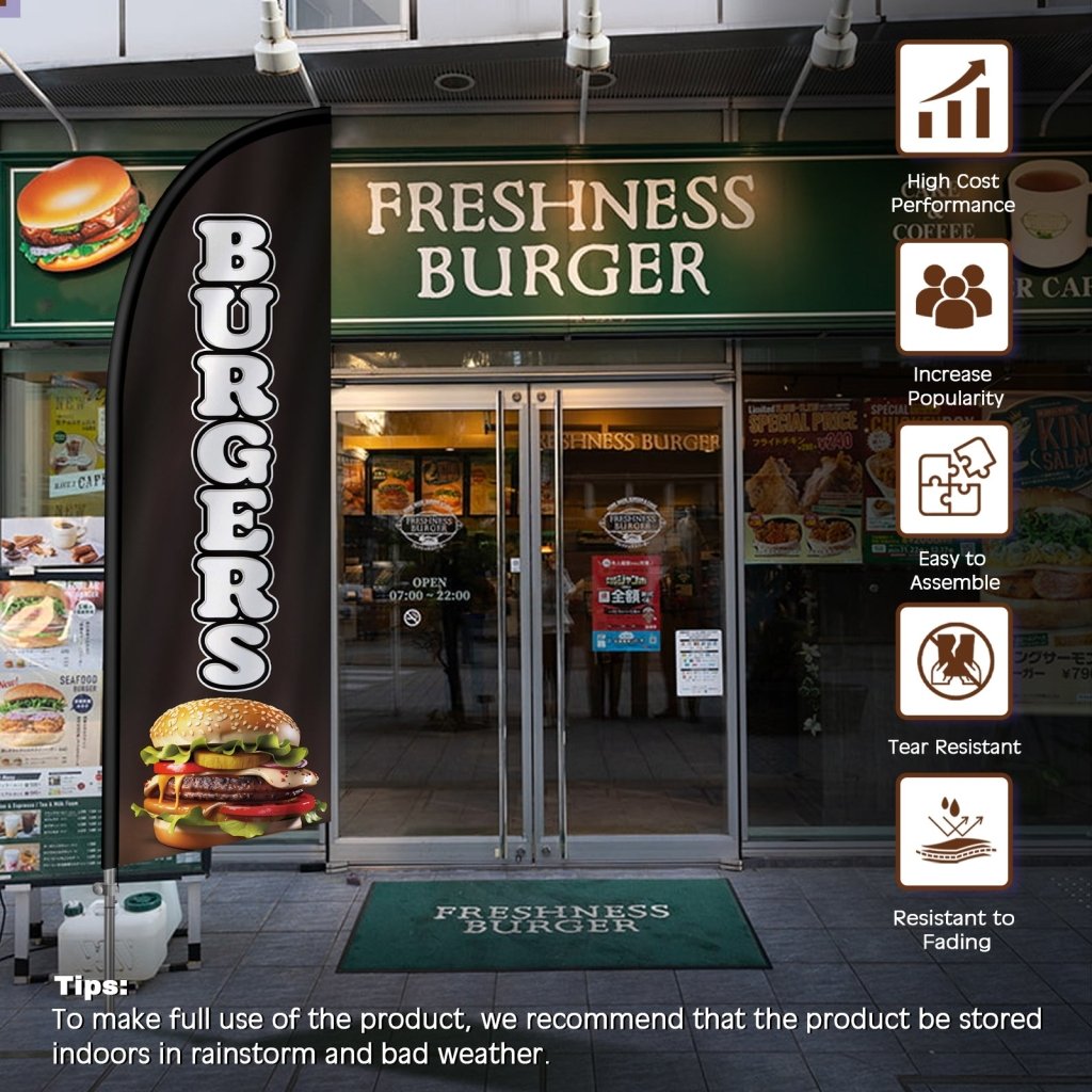 8FT Burgers Sign Black Feather Flag with Stainless Steel Pole Kit/Ground Stake(2m flag set）