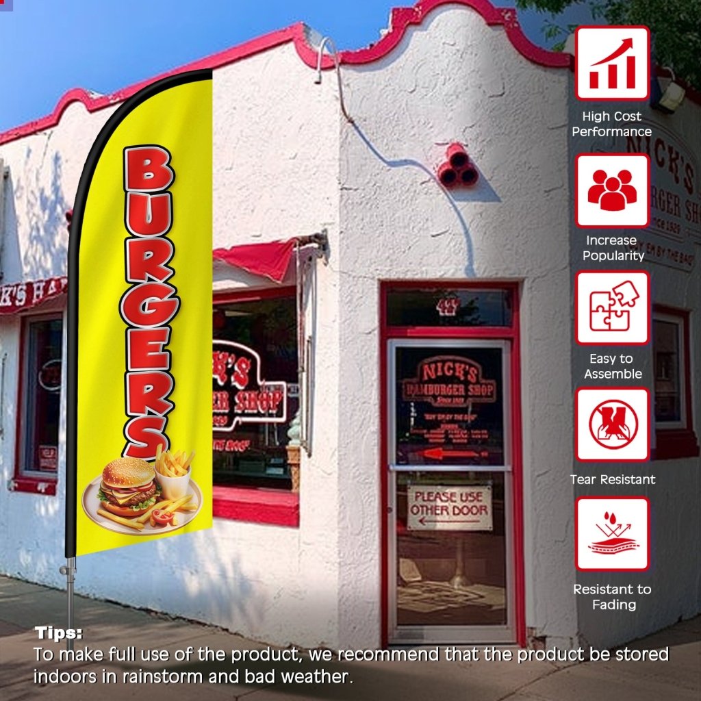 8FT Burgers Sign Yellow Feather Flag with Stainless Steel Pole Kit/Ground Stake(2m flag set）