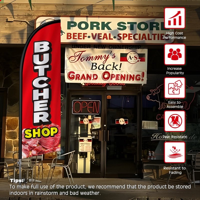 8FT Butchershop Banner Feather Flag with Stainless Steel Pole Kit(2m flag set)