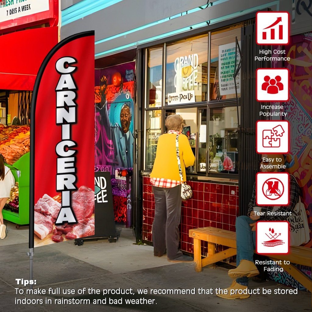 8FT Carniceria Feather Flag with Stainless Steel Pole Kit/Ground Stake(2m flag set）