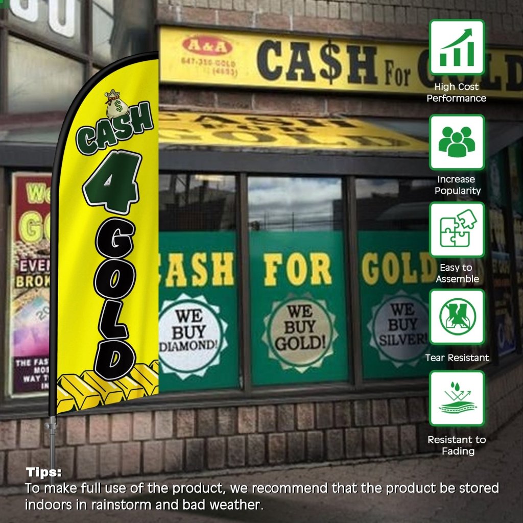 8FT Cash 4 Gold Banner Feather Flag with Stainless Steel Pole Kit(2m flag set)