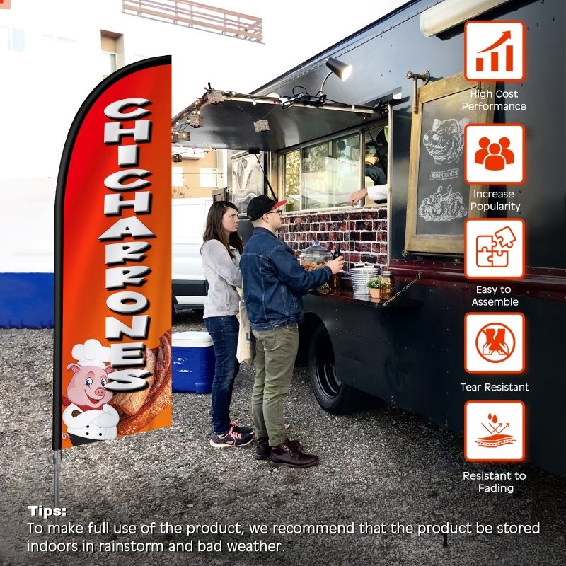 8FT Chicharrones Banner Feather Flag with Stainless Steel Pole Kit/Ground Stake(2m flag set）