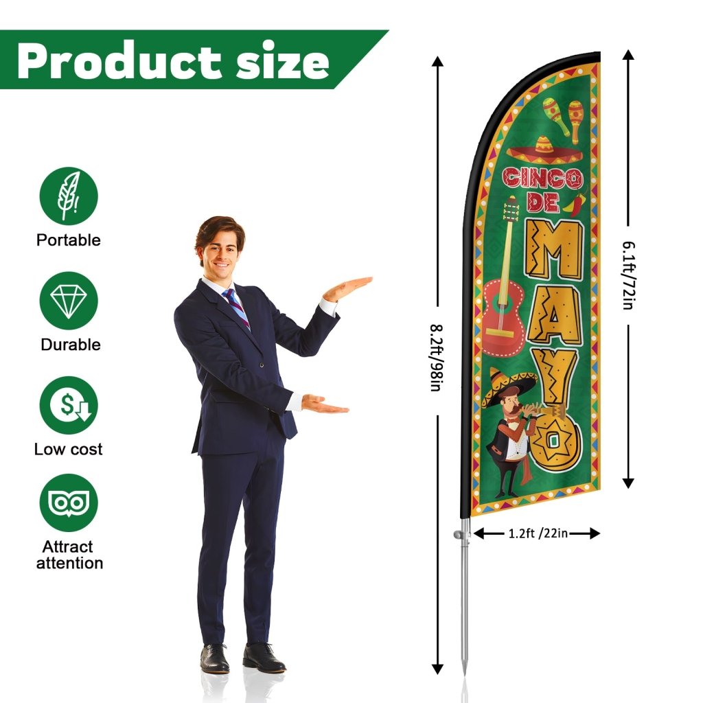8Ft Cinco de Mayo Feather Flag with Complete Pole Kit, Yellow Green