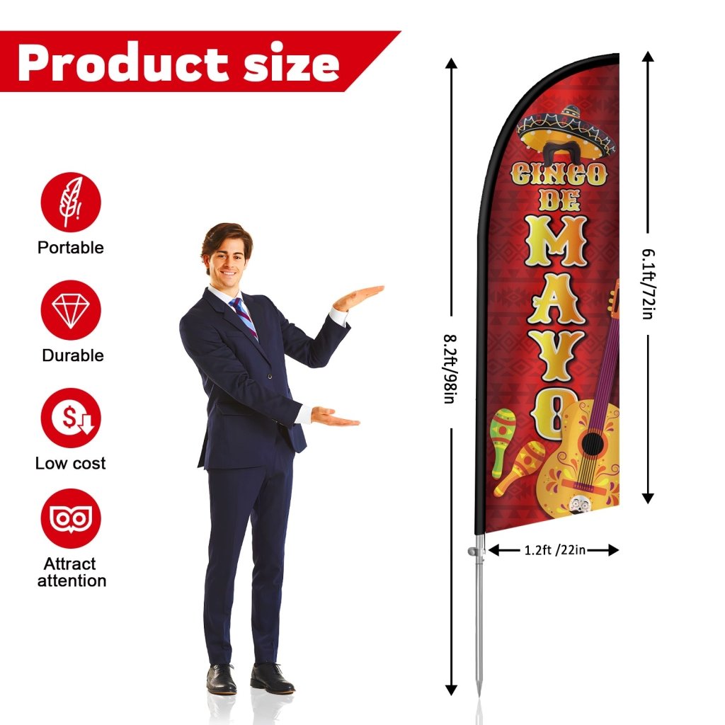 8FT Cinco de Mayo Swooper Flag with Stainless Steel Flagpole, Red