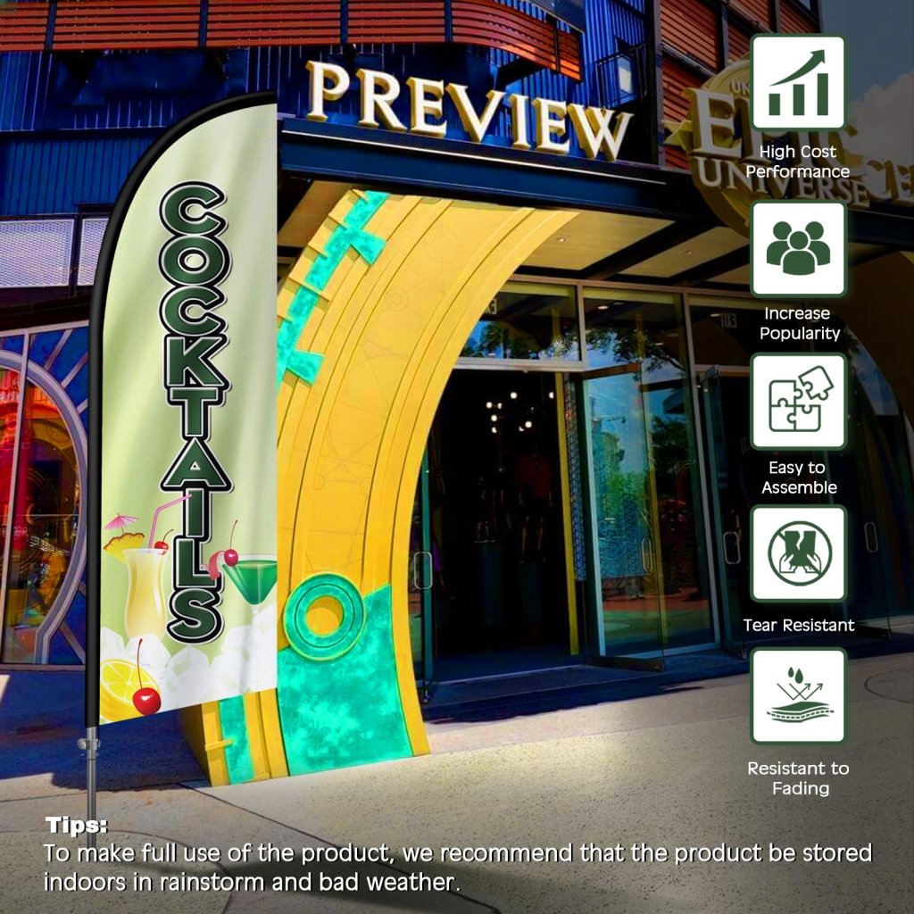 8FT Cocktails Green Feather Flag with Stainless Steel Pole Kit(2m flag set)