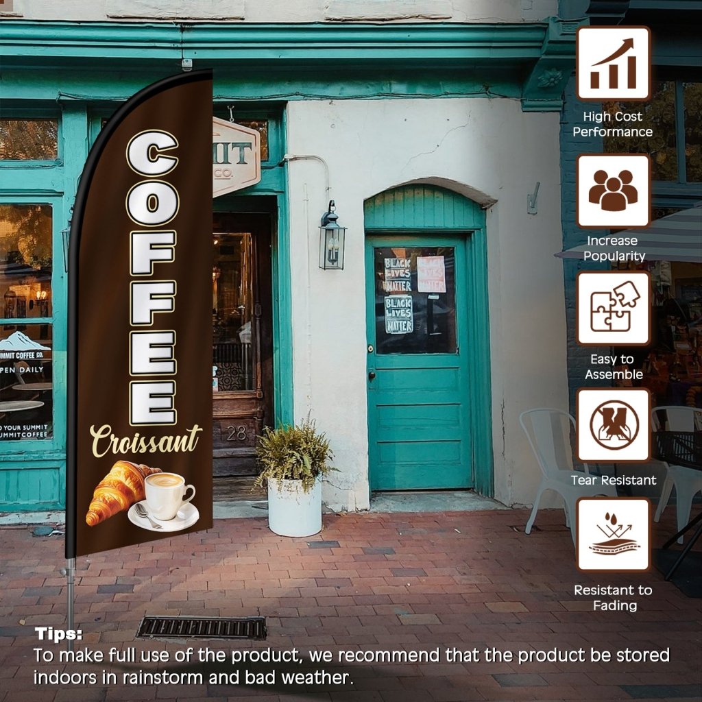 8FT Coffee & Croissant Feather Flag with Stainless Steel Pole Kit(2m flag set)